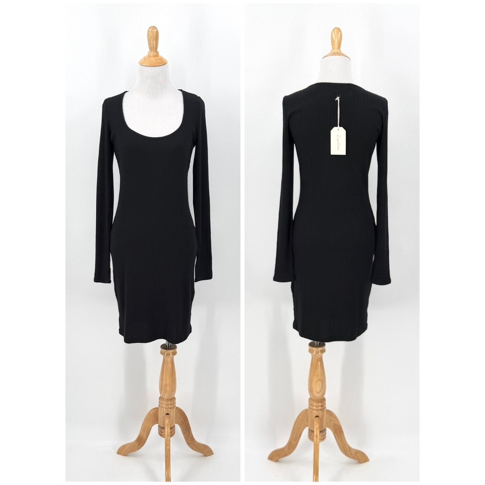 ENZA COSTA Dress Women Medium Black Ribbed Sweater Knit Long Sleeve Scoop Neck